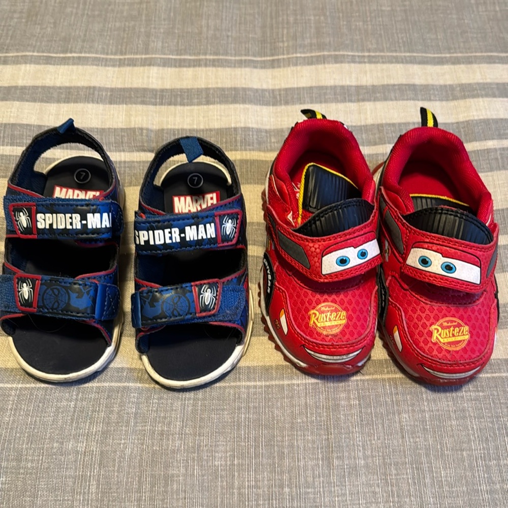 Gently used McQueen shoes and Spider-Man light up when toddler steps down